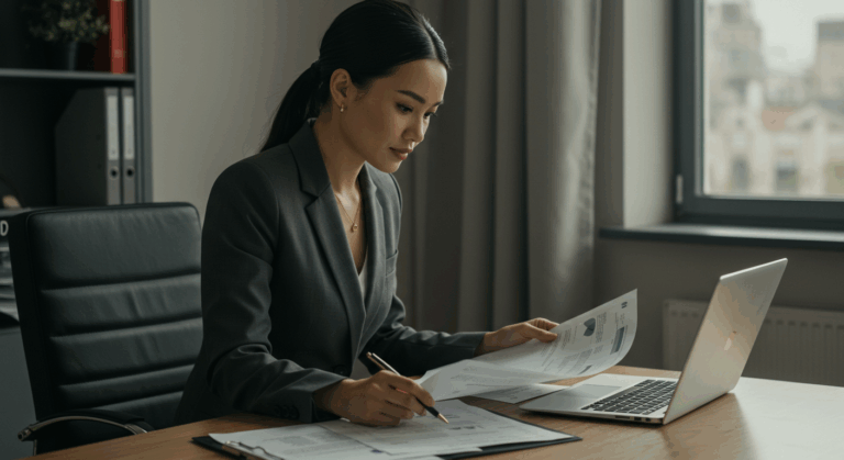 Professional reviewing 401(k) rollover options with paperwork and laptop, symbolizing retirement account decisions