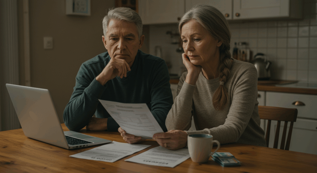 Retired couple reviewing Social Security benefits with calendar highlighting ages 62 and 70, symbolizing the decision to claim early or delay benefits