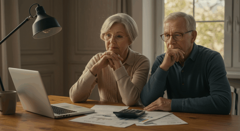 Retired couple reviewing retirement withdrawal plan with 4% rule calculation on paper