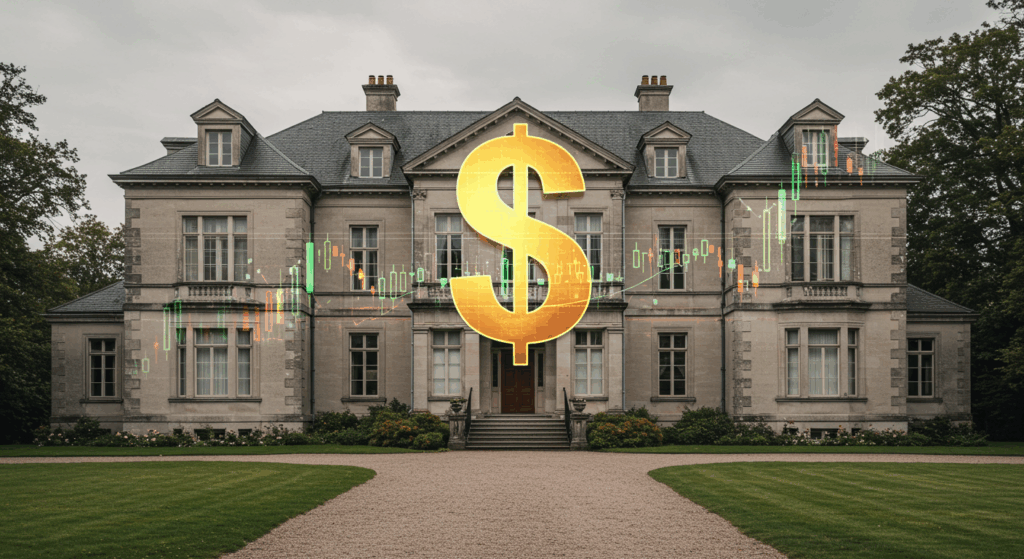 House with dollar sign and stock chart overlay, symbolizing the decision between paying off a mortgage and investing