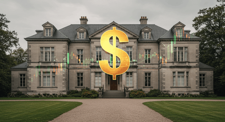 House with dollar sign and stock chart overlay, symbolizing the decision between paying off a mortgage and investing