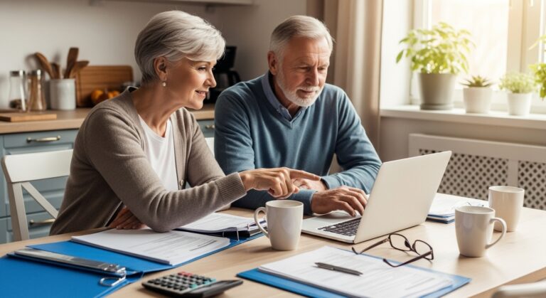 Retired couple reviewing tax documents and financial plan at home, discussing ways to lower taxes in retirement