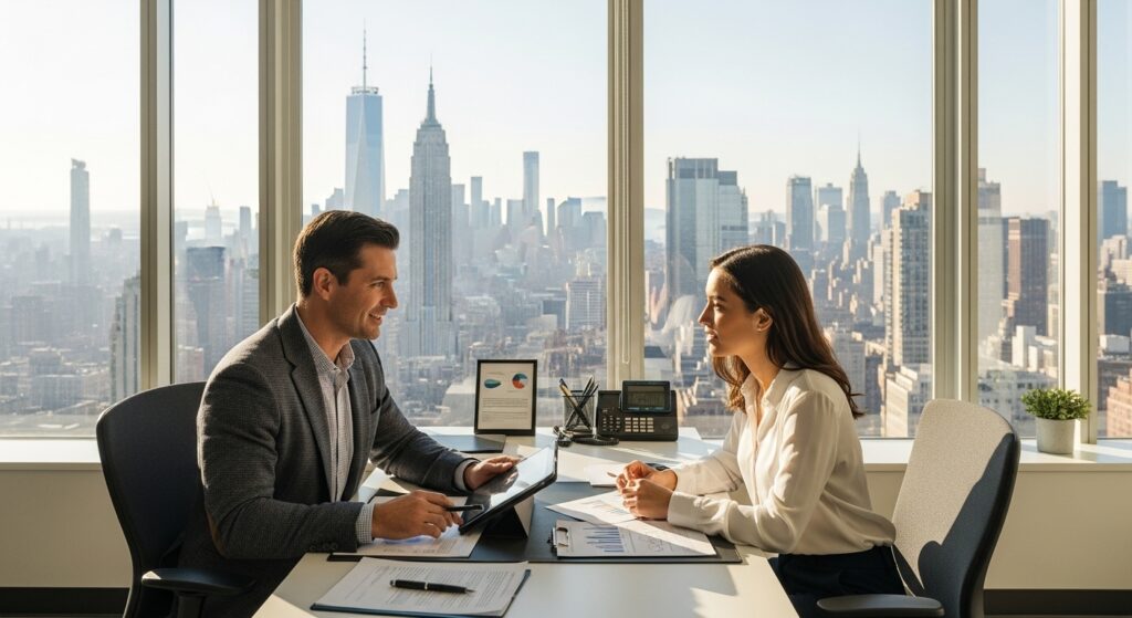 Financial advisor and professional client reviewing investment documents in modern office with New York City skyline visible through windows