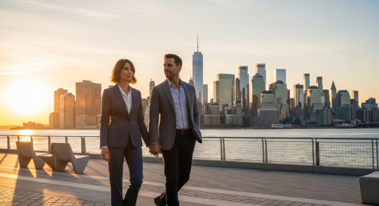 Couple walking along the Hoboken waterfront with the Manhattan skyline in the background, representing financial planning in New Jersey.