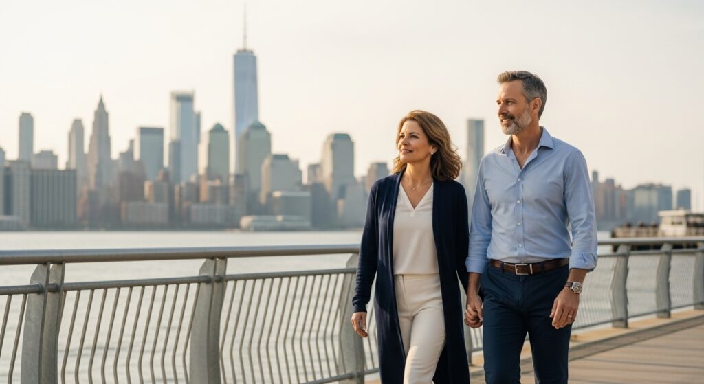 Couple walking along the Hoboken waterfront with the Manhattan skyline, representing tax-smart retirement planning in New Jersey.