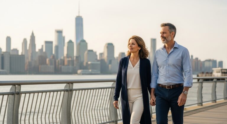 Couple walking along the Hoboken waterfront with the Manhattan skyline, representing tax-smart retirement planning in New Jersey.