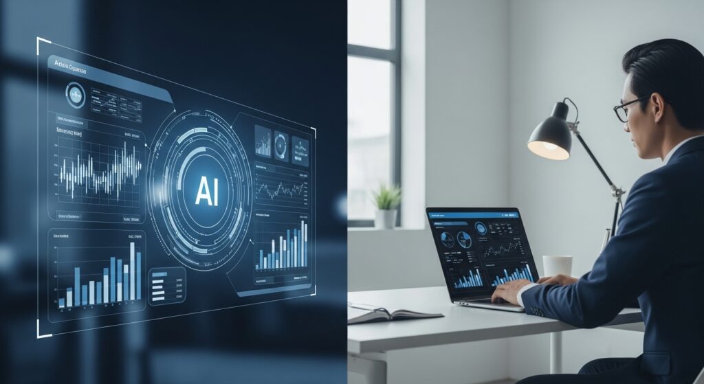 AI vs financial advisor comparison showing artificial intelligence analyzing financial data alongside a human advisor reviewing charts in an office