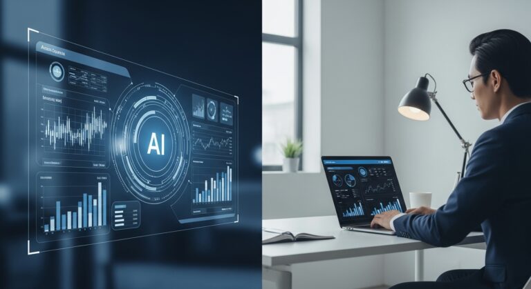 AI vs financial advisor comparison showing artificial intelligence analyzing financial data alongside a human advisor reviewing charts in an office